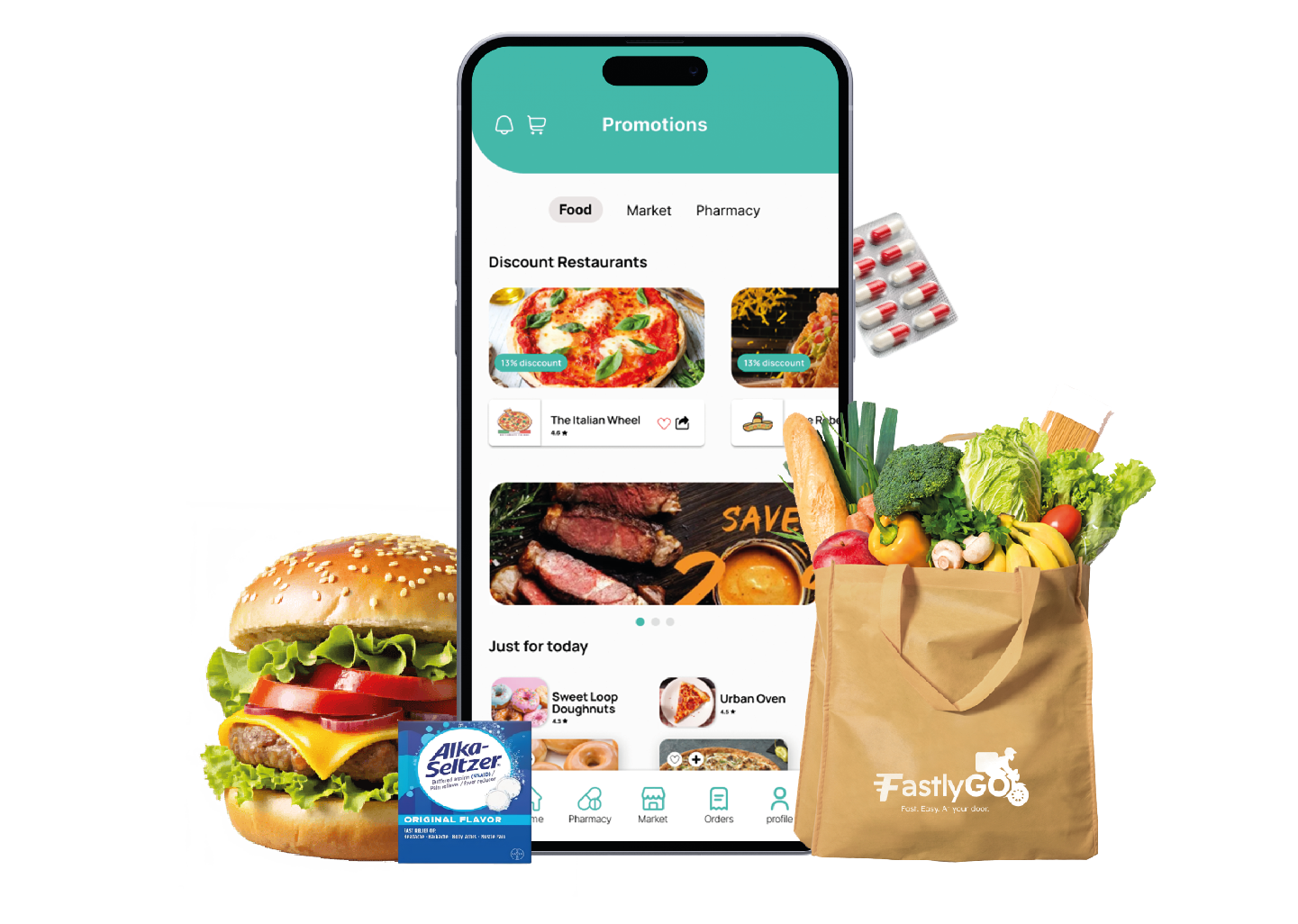 Teléfono con app y bolsa de compras